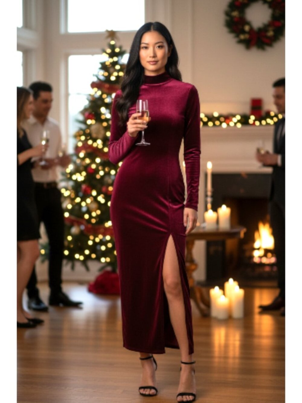 Rachel Pally Berry Velvet Alba Mock Neck Dress L Long Sleeve Bodycon Midi Slit